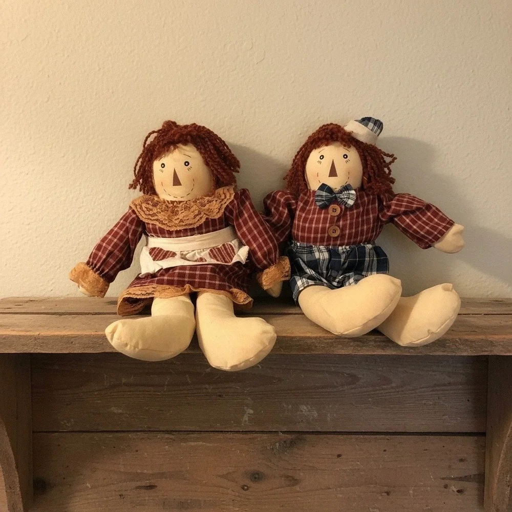 Vintage Nantucket Distributing Rag Doll Set Boy Girl Plaid 12 Inch Primitive